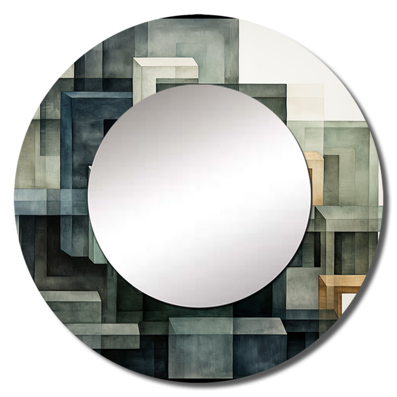Shai Indigo Illusion Abstract Shapes I - Abstract Shapes Decorative Mirror, Gray Round Wall Mirror, Printed Metal Art