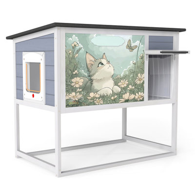 Maison de chat d'extérieur grise et surélevée avec des pieds hauts, une porte à rideaux, un toit escamotable, un abri confortable pour les amis félins, une entrée, un toit, un toit en asphalte de pin