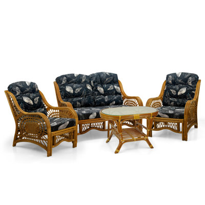Ensemble de salon Malibu de 4: 2 chaises en osier de rotin naturel, causeuse et table basse avec verre fait à la main, colonial