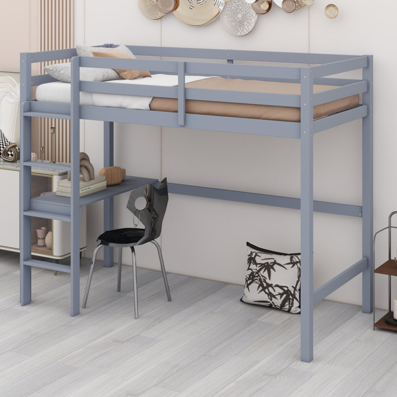 High Wood Loft Bed, With Safety Guardrail, Built-In Desk, Ladder, Gray