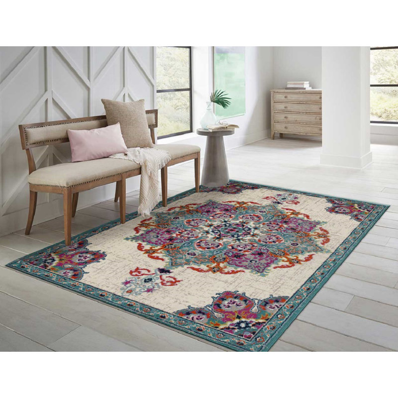 Tapis intérieur / extérieur en laine oriental bleu / blanc cassé, Rectangle 8 pi x 11 pi