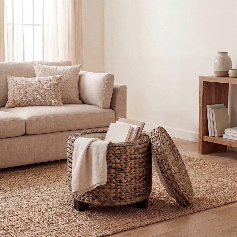 Addie 17.72" Modern Coastal Handwoven Water Hyacinth Storage Ottoman with Lid, Espresso