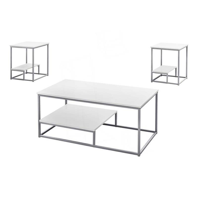 Ensemble 3 pièces, une table basse avec deux tables de bout assorties, Blanc