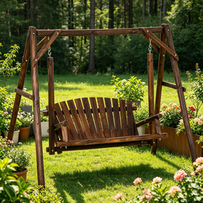 2-Seat Wooden Swing Bench, Ergonomic Design, 'A' Frame Construction, Stable and Non-Slip, Solid Wood Frame Log Garden Swing