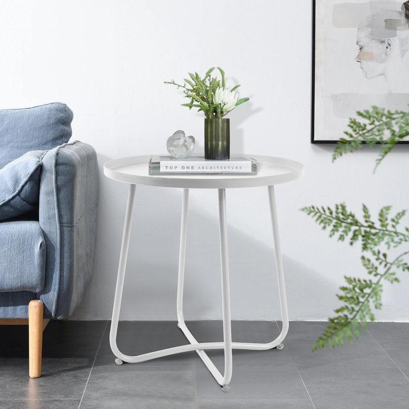 Round Modern Metal Side Table - Small Coffee And Snack Table For Outdoor Patio, Garden, Living Room, And Bedroom (White) | Gift Idea