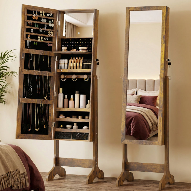 Armoire pour bijoux pleine grandeur avec lumière DEL, 4 miroirs à angle réglable, brun rustique, Brun rustique