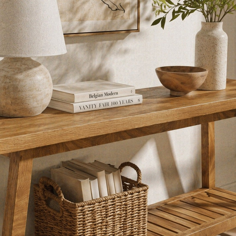 TwoTier Side Table,Unique Entryway Table,Functional Console Table, Brown / Light Brown, 31.52" H x 70.92" W x 11.82" D