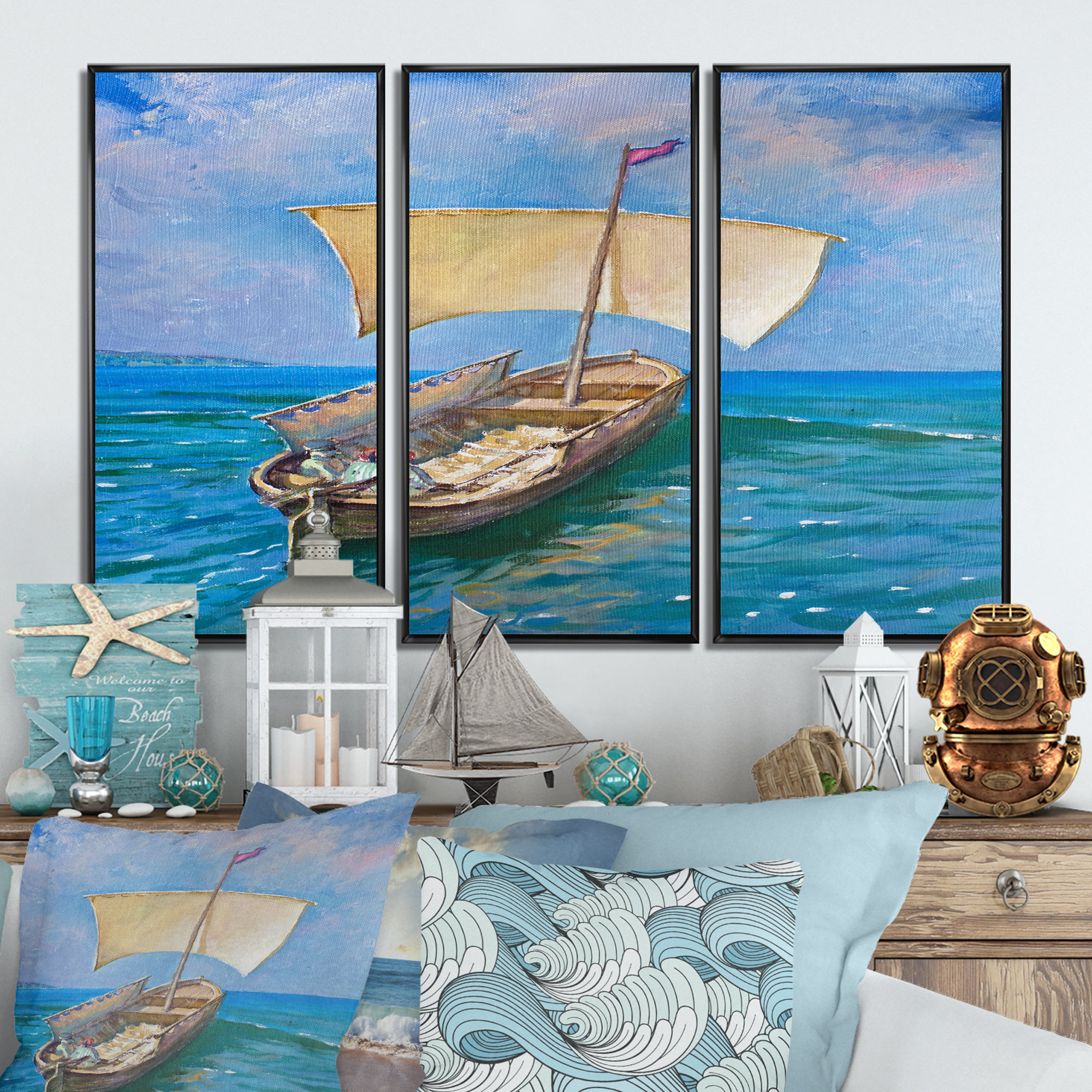 Longshore Tides Sailboat On Blue Ocean Waves Framed On Canvas Pieces  Painting Wayfair
