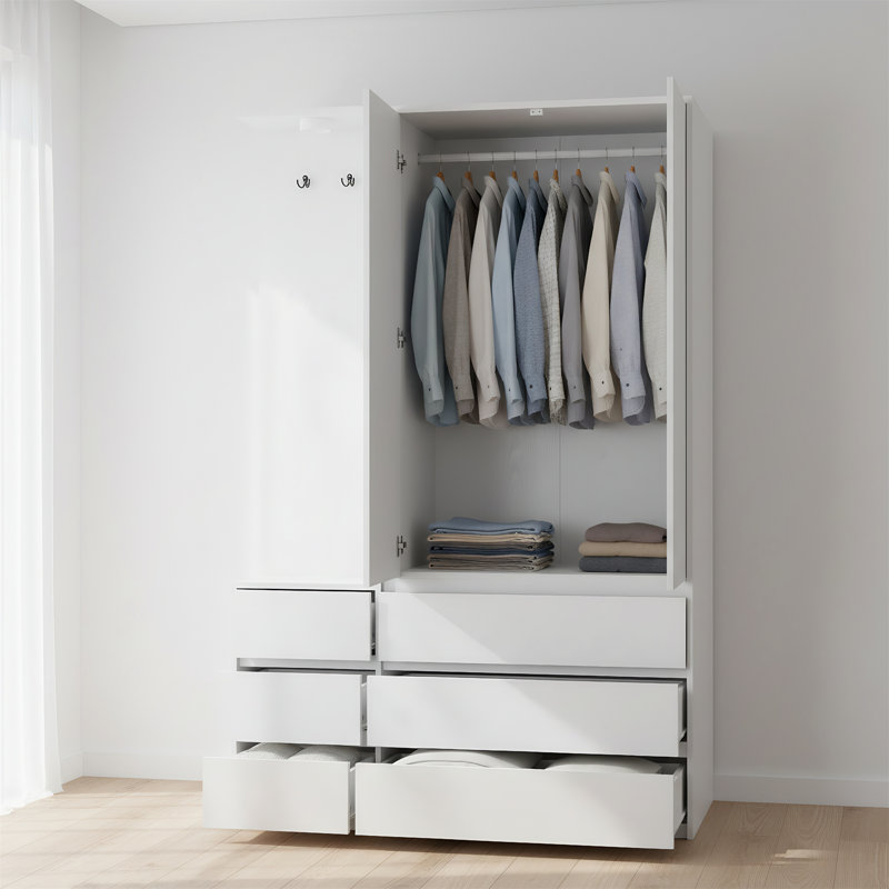 Grande armoire en bois de 70,8 pouces à trois portes avec deux tiroirs, des tablettes de rangement et une tringle, Blanc