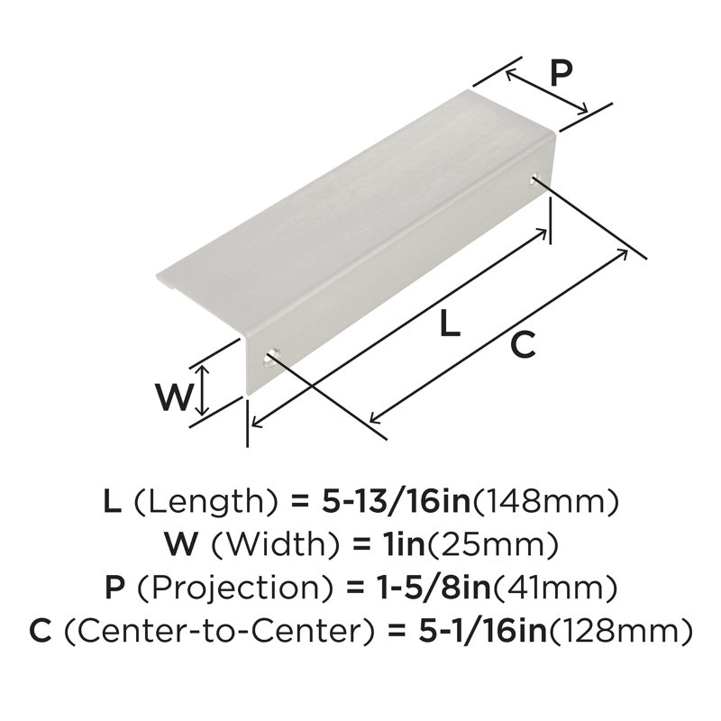 Poignées de bordure d'armoire nickel satiné centre à centre 5 pièces (16 mm) - paquet de 25, 5 1/16", Nickel satiné