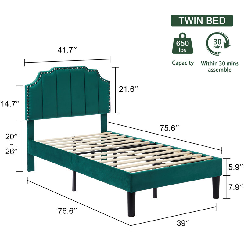 Lit plateforme tapissier avec tête de lit réglable Auxter, Lit simple, Vert