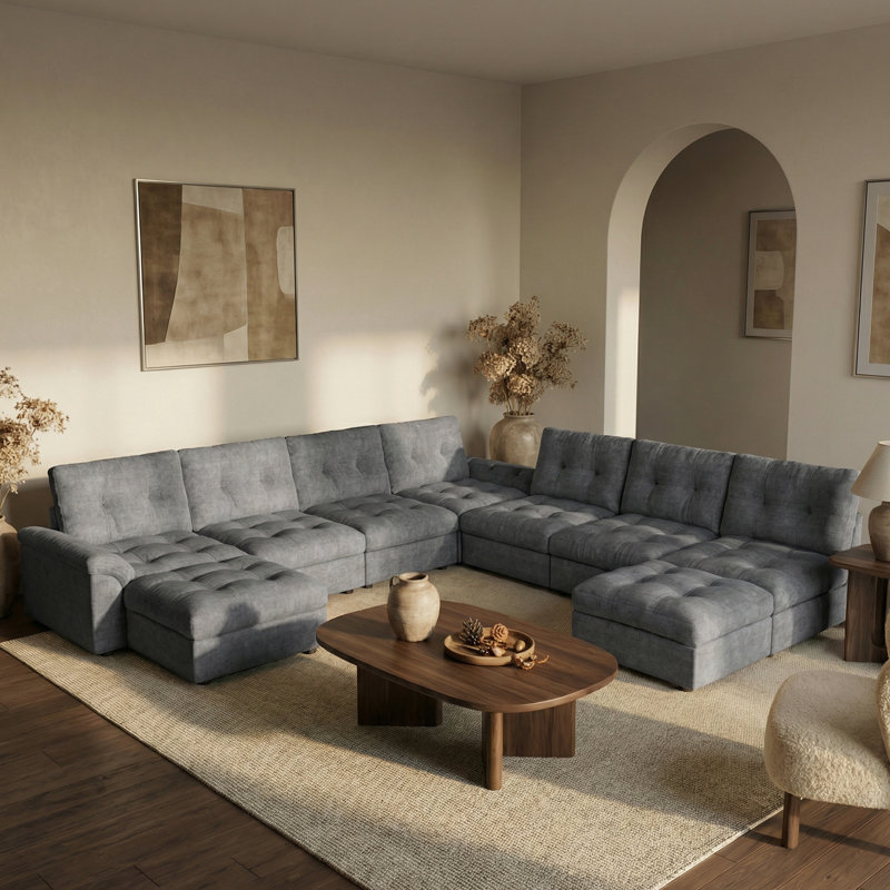 133" Modular Sectional Cloud Sofa With Deep Seat Couch,lattice Decored Design, Light Gray Chenille