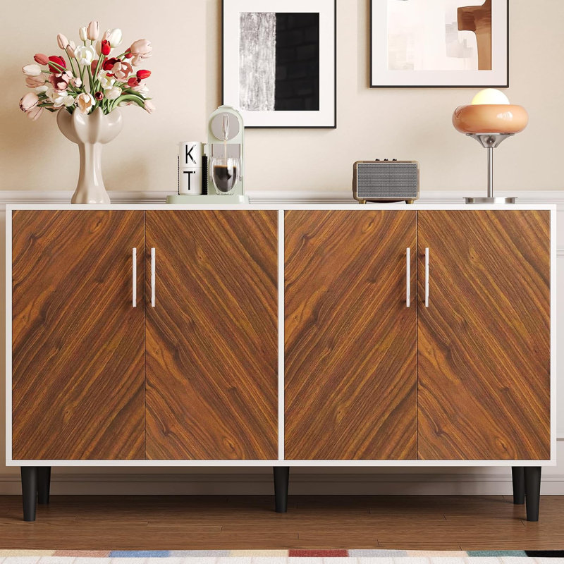 58" Modern Coffee Bar with 4 Doors, White/Brown