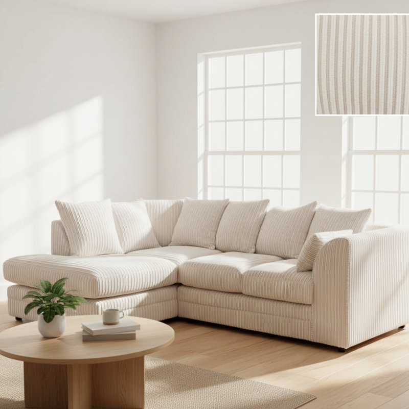 Jumbo Cord Upholstered Corner Sofa Small Back Cushion with Foot Stool , Cream, Left Hand Facing
