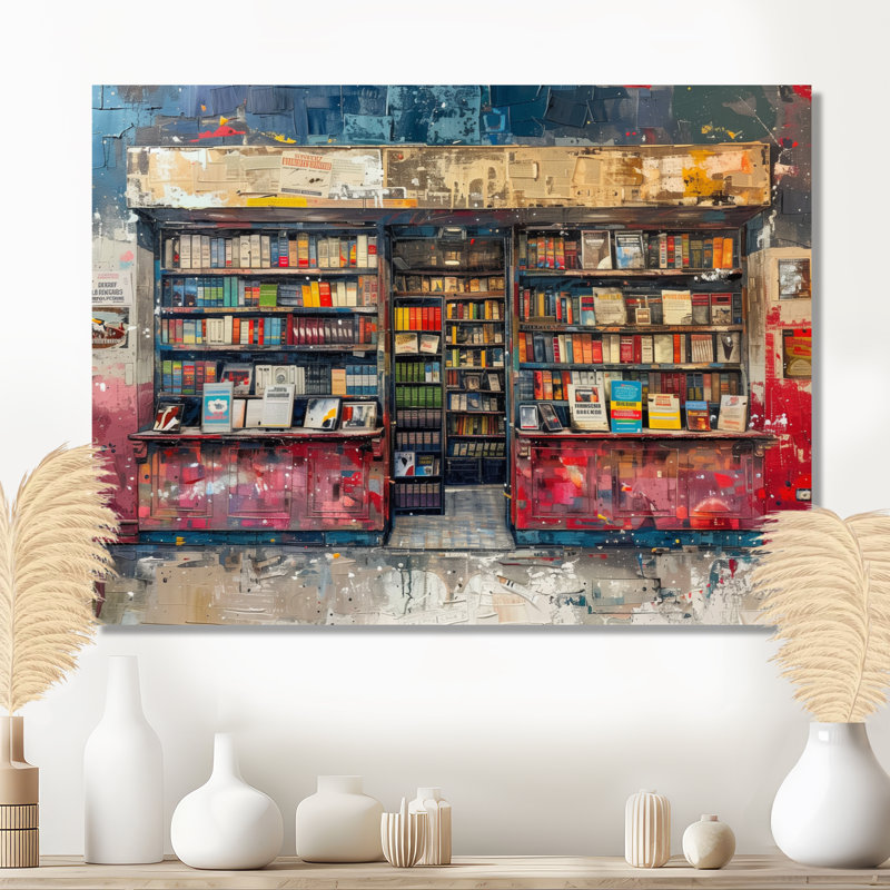 Décoration rétro rouge et bleue «I» - Boutiques et magasins - Décoration murale, H 34 po x l 44 po x P 1,5 po, Toile tendue