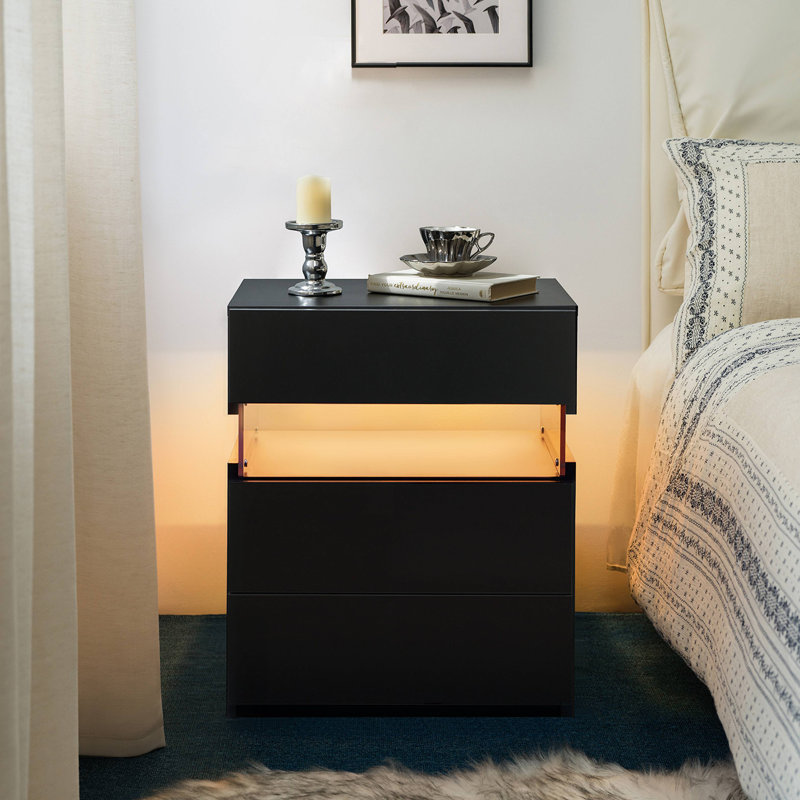 Commode 3 tiroirs à DEL pour tables de bout avec tables en acrylique et tables de chevet à DEL, Noir