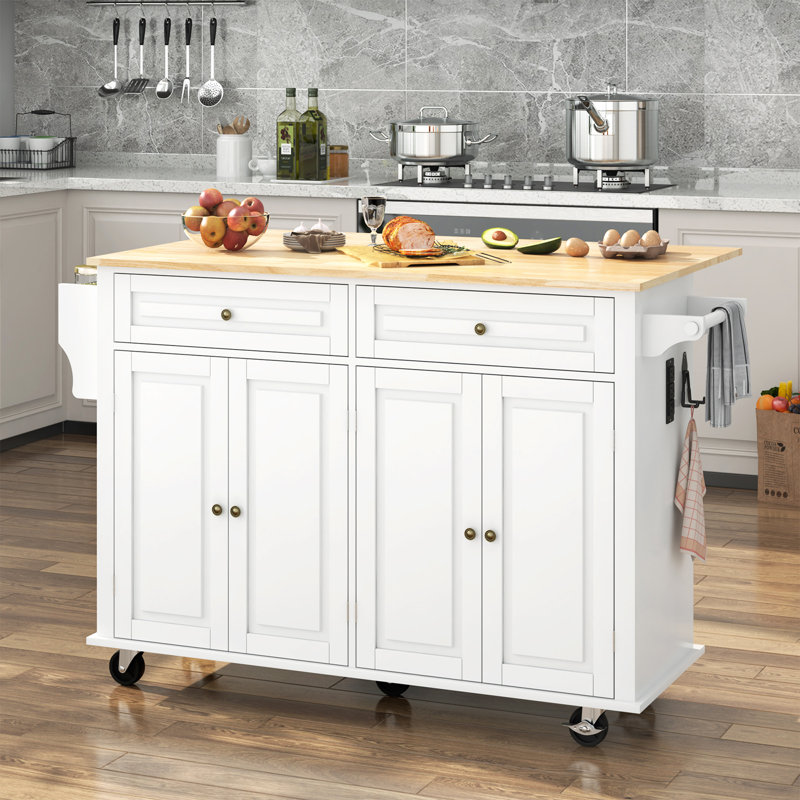 55" Movable Kitchen Island With Drop Leaf And Power Outlet, Rolling Island Cart With Storage Cabinet And 2 Drawers, White