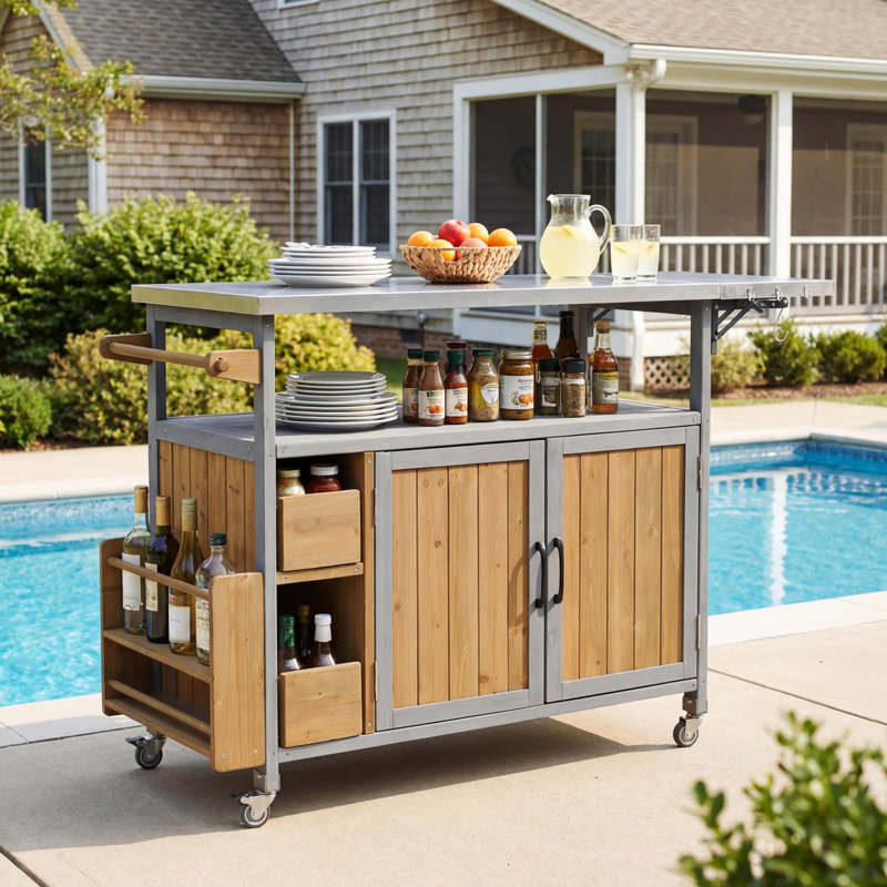 54.33" Farmhouse Rolling Outdoor Kitchen Cart, Solid Wood Frame With Stainless Steel Top, Spice Rack, Towel Rack, Lockable Wheels & Multi-Functional Storage For Patio, Backyard BBQ & Kitchen