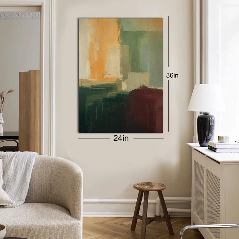 Tableau abstrait vertical vert orange bordeaux imprimé par blocs de couleurs sur toile, décoration murale moderne et neutre.