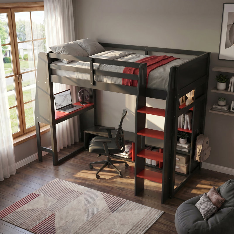Lit de jeu double en bois massif noir avec cadre en panneau de fibres à densité moyenne avec bureau, tablettes à plusieurs rangements, porte-vêtements à DEL et à suspendre