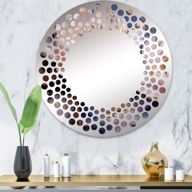 Pivoine rose art déco sur bleu - Miroir mural à pois MIR105703 C, 31,4 po x 31,4 po