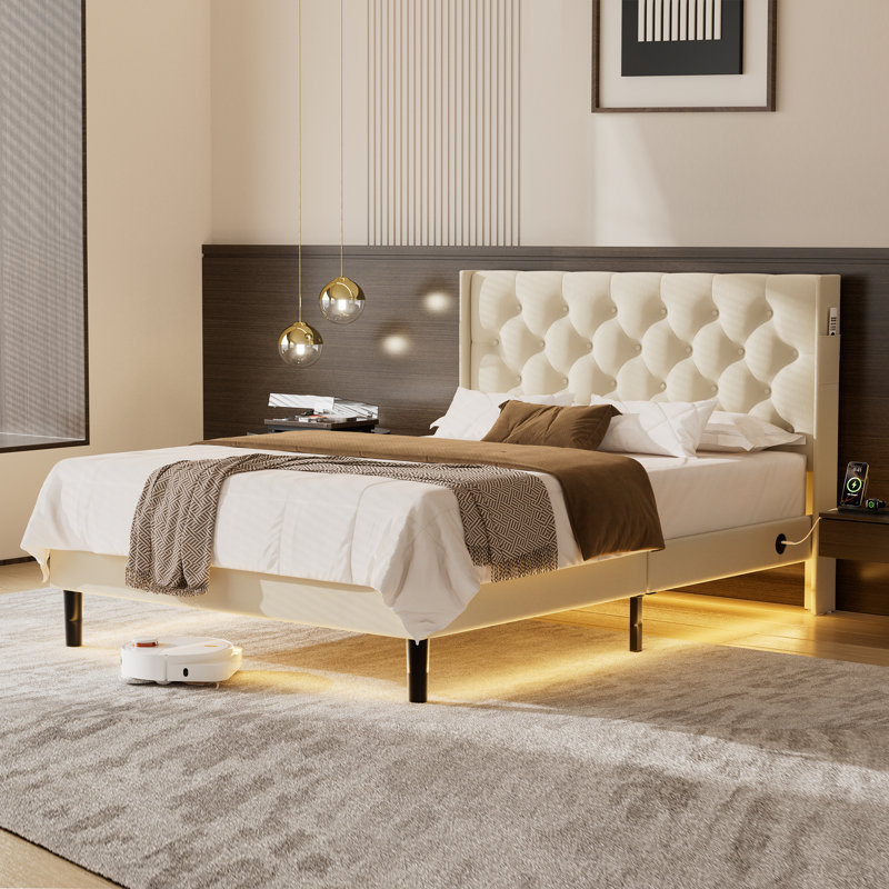 Upholstered Bed Frame with Diamond Button Tufted Headboard, Beige, Double (4'6)