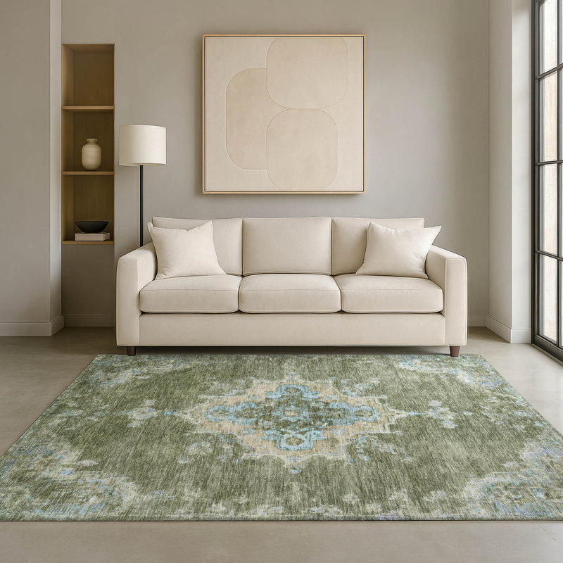 Premium Machine Washable Mayfield AMF2321 Global Rug, Basil, 5' x 7'6"