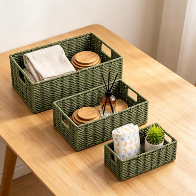 Ensemble de 3 paniers de rangement en osier pour tablettes, paniers en corde de papier tissés à la main avec poignées, bacs de rangement gigognes pour rangement pour garde-robe et garde-manger