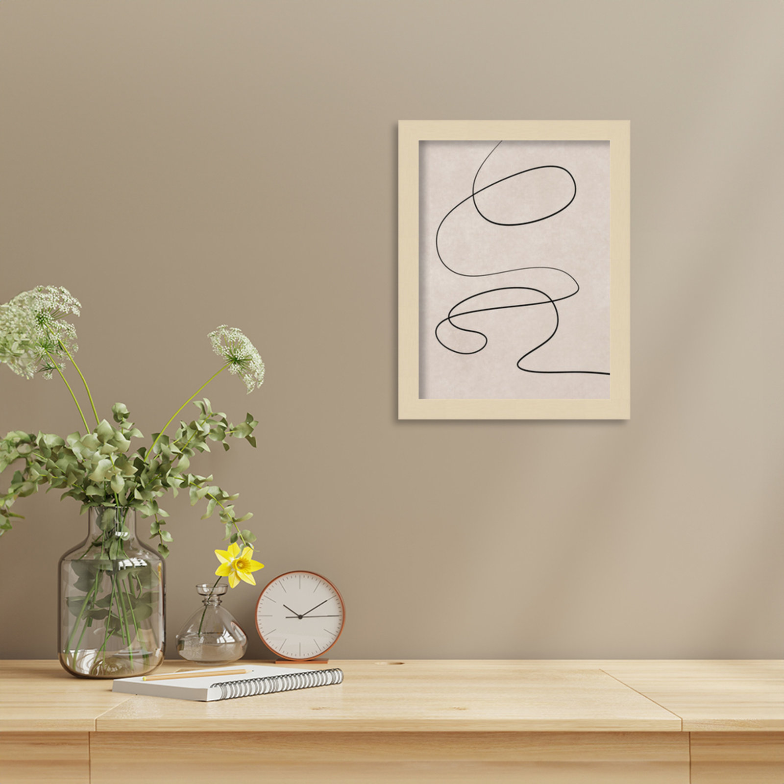 Black Line and Textured Beige Background by Little Dean Wood Framed Wall Art Print, Brown, 13" H x 10" W