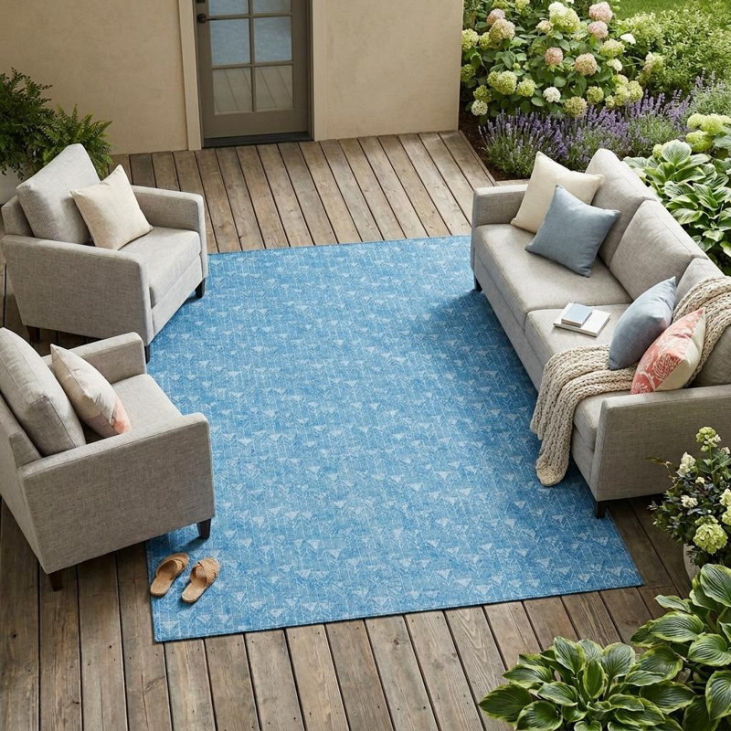 Tapis géométrique lavable intérieur / extérieur bleu 8 pi x 10 pi