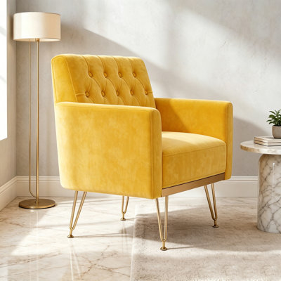 Fauteuil d'appoint en velours jaune, fauteuil rembourré capitonné moderne avec pieds en métal doré, canapé-lit simple confortable pour le salon, la chambre à coucher et la chambre d'amis
