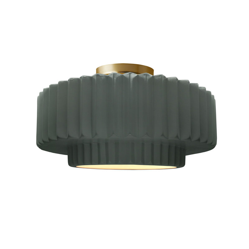 Plafonnier semi-encastré en céramique Radiance, H 7,25 po x l 14,5 po x P 14,5 po, Étain, vert, Laiton brossé