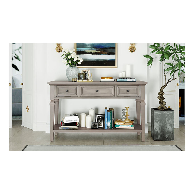 Console de style rétro classique avec trois tiroirs supérieurs et une tablette inférieure de style ouvert, facile à assembler (gris délavé)