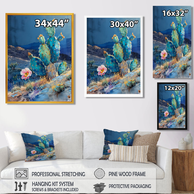 Cactus vert et rose, merveille du désert - Art mural floral cactus, Toile tendue, 32" H x 16" W