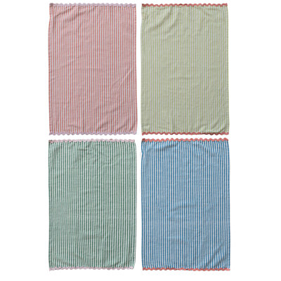 4-Piece Woven Cotton Striped Tea Towel With Ric Rac Trim