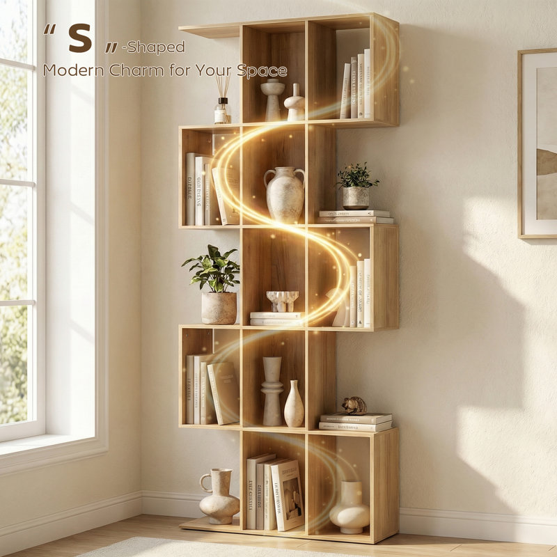 5-Tier Bookshelf, S Shaped Geometric Bookcase, Oak, Oak