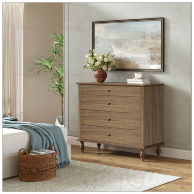 Large 4-Drawer Chest with Solid Wood, Brushed Light Brown Finish & Metal Drawer Knobs for Ample Storage and Safety
