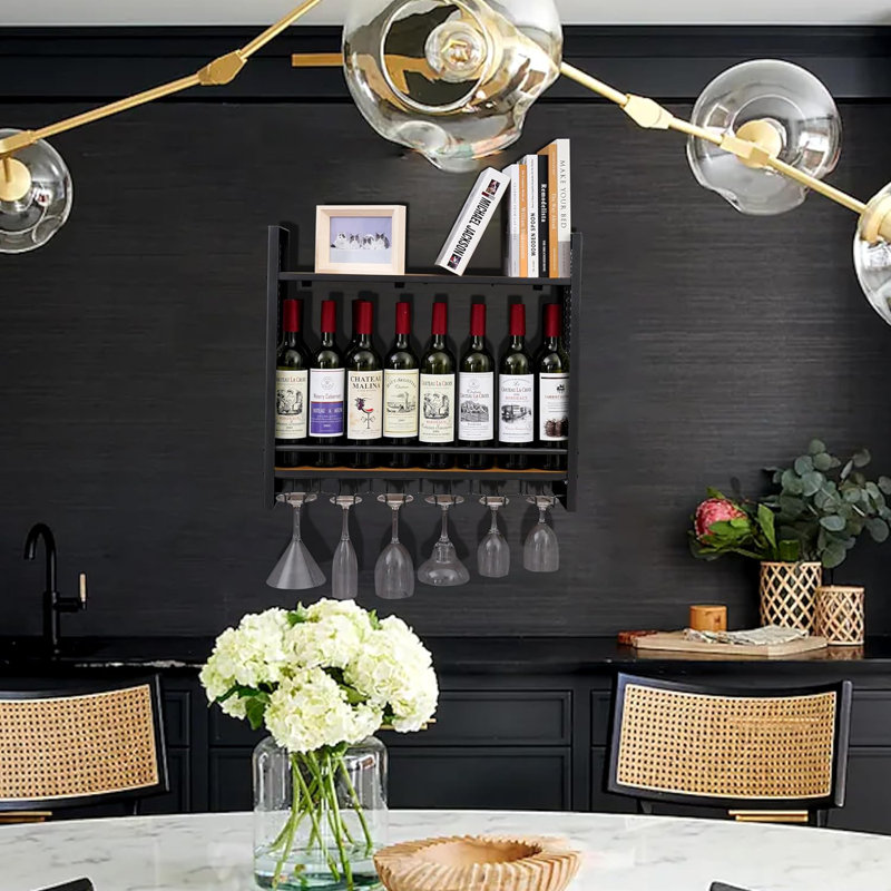 Annalie 16 Bottle Wall Mounted Wine Bottle & Glass Rack Black