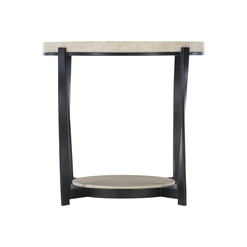 Transitional Black and Beige Stone Top Metal Side Table, 27"