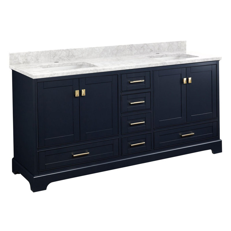Quen 72" Freestanding Double Basin Vanity Set with Cabinet, Vanity Tops, Midnight Navy Blue, Carrara Marble, Single-Hole