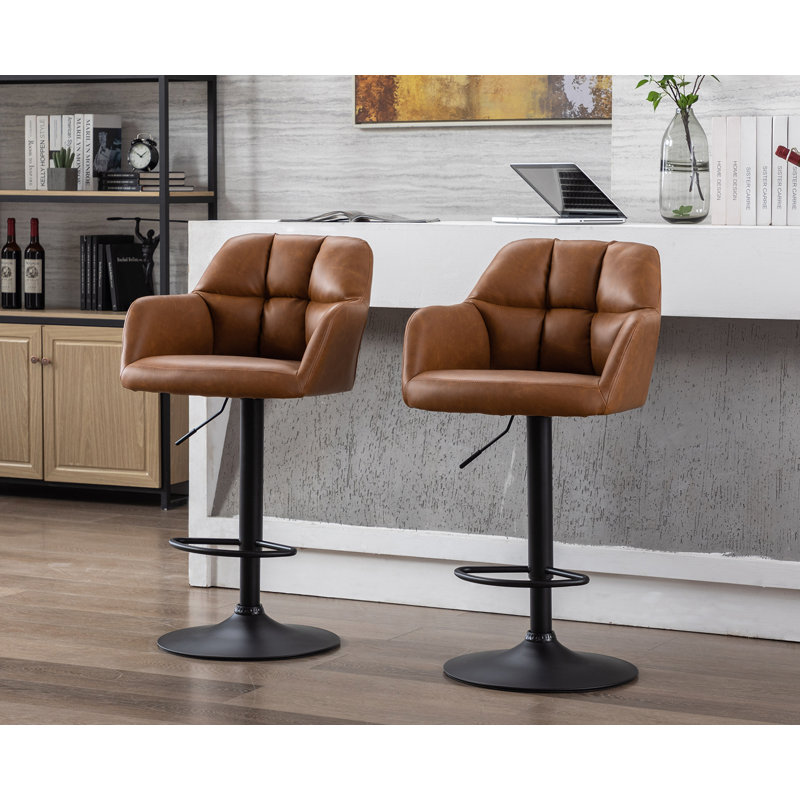 Adjustable Brown Leather Swivel Bar Stools with Metal Base