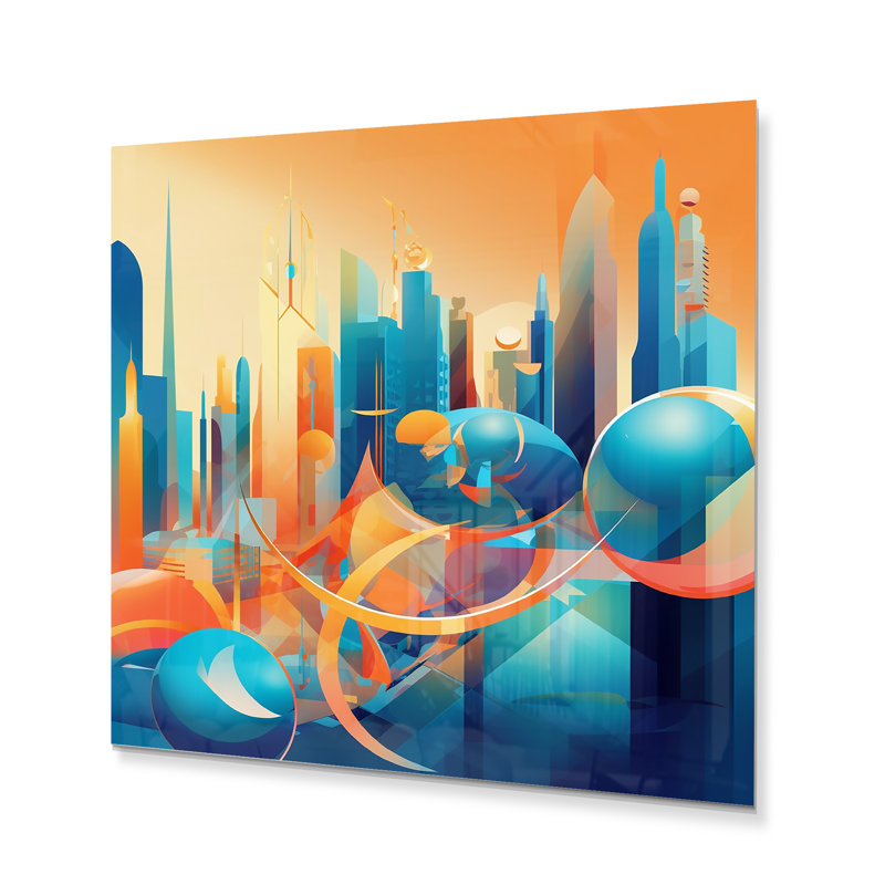 Bleu et orange rétro Radiance I - art mural en métal City Art Deco, H 16 po x l 16 po x P 1 po