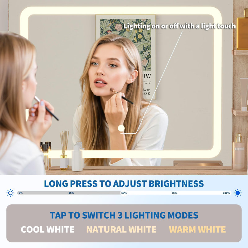 31.5" Makeup Vanity Desk with LED Lighted Mirror, Dressing Table Featuring 2 Drawers, 3 Color Lighting Modes & Built-in Power Outlet for Bedroom Storage and Organization,Natural Wood