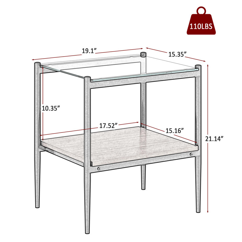 Set of 2 Rectangle End Table, Tempered Glass Tabletop with MDF layer, Glass, Transparent, Black