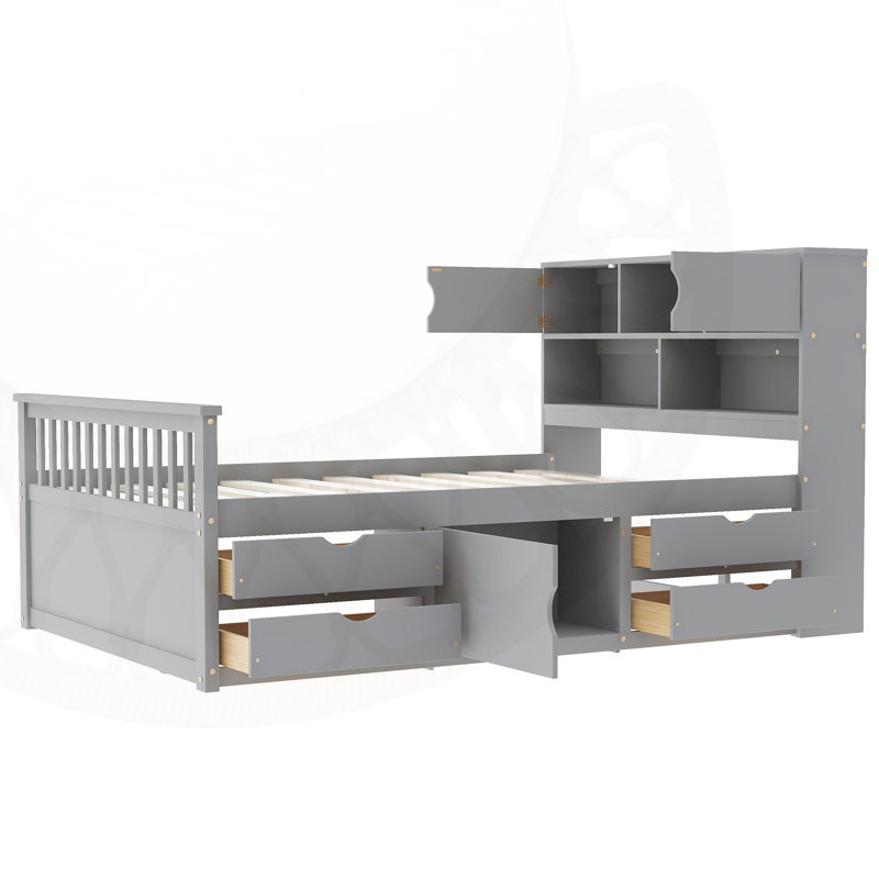 Lit avec tablettes, armoires et tiroirs, Gris, Full / Double