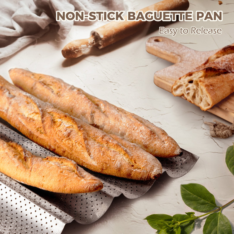 Plat à baguettes antiadhésif pour la cuisson du pain français, plateau de boulangerie perforé à 2 baguettes, 15 po x 6,3 po, champagne