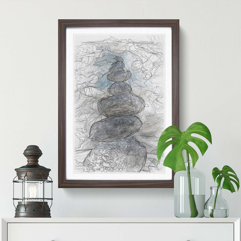 Stacked Zen Stones in Abstract - Framed Print, 65cm H x 48cm W x 2cm D, Walnut Framed