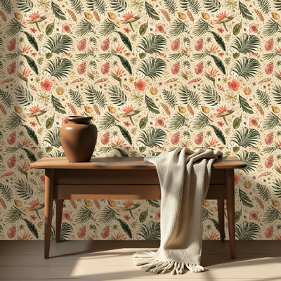 Papier peint adhésif facile à poser, idéal pour les familles locataires : motif tropical botanique (feuilles de palmier, fleurs, coquillages), sans résidus, pour salon, chambre, cuisine ou mur d'accent.
