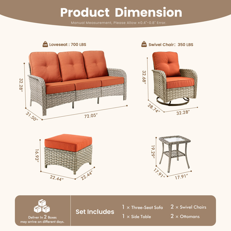 Ensemble de conversation modulaire en osier 7 places avec coussins, ensemble d'invité modulaire moderne en rotin, ensemble de mobilier de patio avec accoudoirs