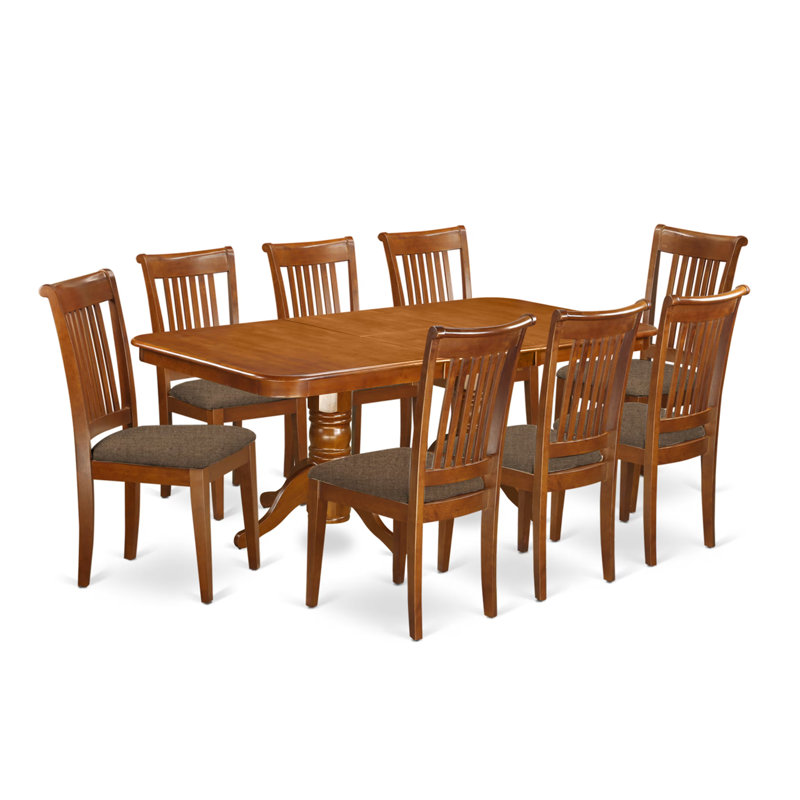 Ensemble de salle à manger 9 pièces comprenant une table de cuisine rectangulaire avec rallonge papillon et 8 chaises de salle à manger rembourrées en tissu de lin, 40 x 78 pouces, brun selle